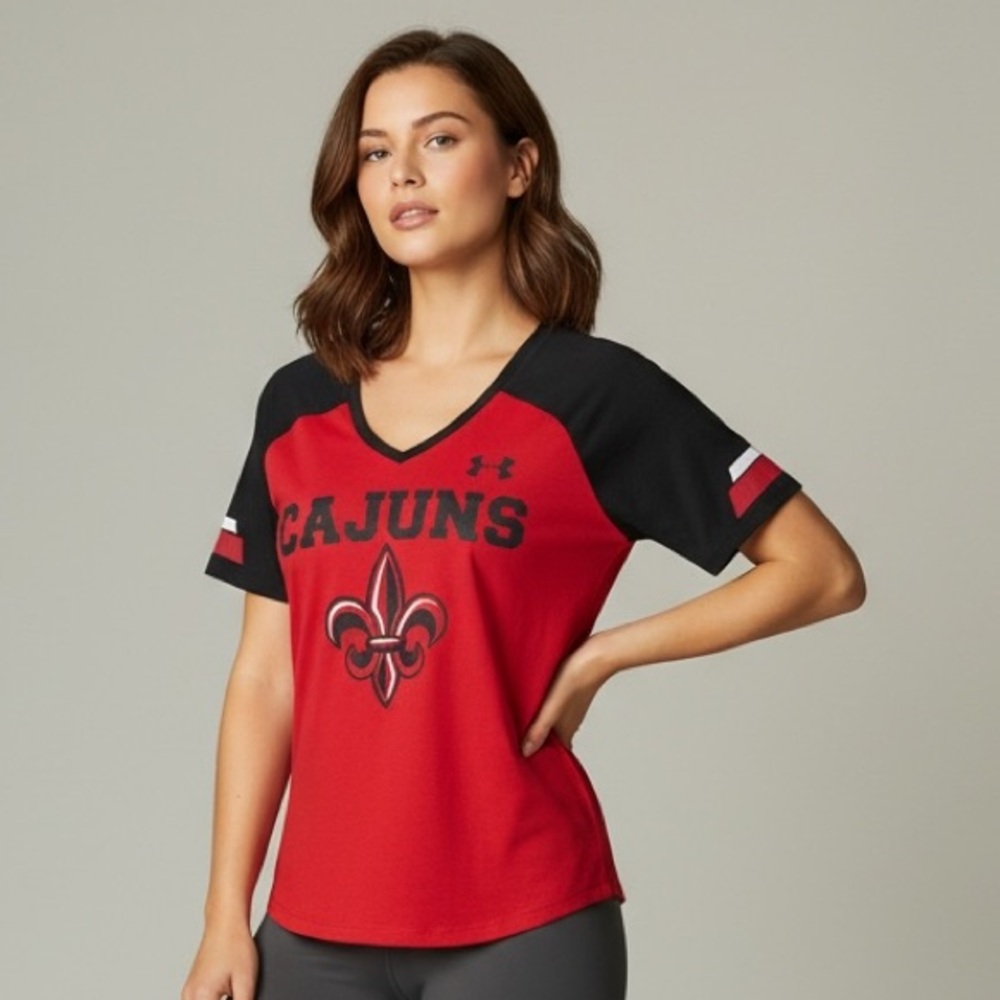 Under Armour Red and Cajuns V‑Neck Team Tee